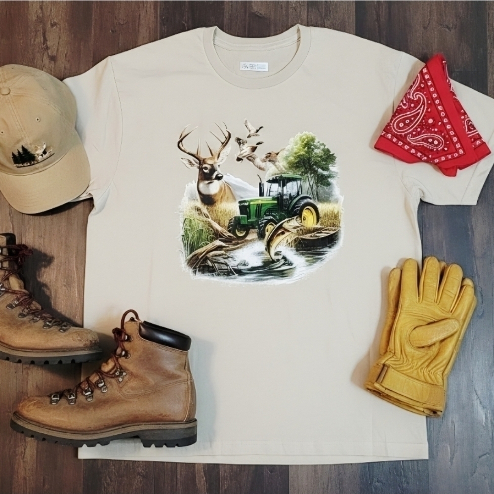 Hunting Fishing Farming Graphic Tee • Country Outdoors Shirt • Tractor Deer Duck